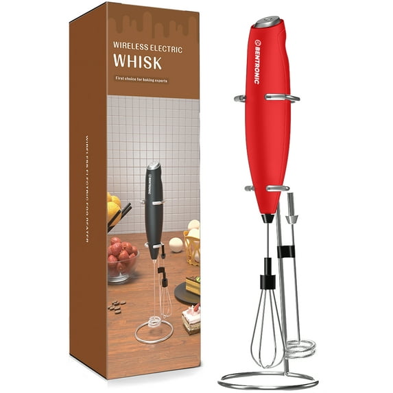 Double whisk Milk Frother Handheld electric mixer, Egg Beater, Foam Maker for Coffee, Latte, and Cappuccino, matcha whisk Drink Mixer, kitchen gadgets, with stand. BENTRONIC (red)