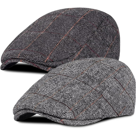 Double2cm 2 Pack Newsboy Cap for Men Adjustable Herringbone Tweed Wool Hats Blend Flat Cap Ivy Cabbie Driving Hat