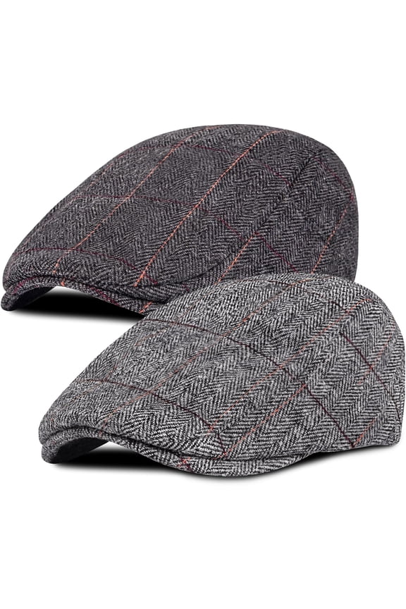 2 Pack Newsboy Cap for Men Adjustable Herringbone Tweed Wool Hats Blend Flat Cap Ivy Cabbie Driving Hat