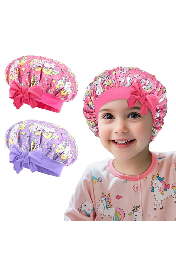 Kids Sleeping Bonnets- 2 Pcs Cute Unicorn Baby Bonnet for Sleeping Silk Satin, Head Wrap Sleep Night Cap for Girl Toddler Curly Hair with Elastic Tie, Adjustable, Soft(Purple+Rose)