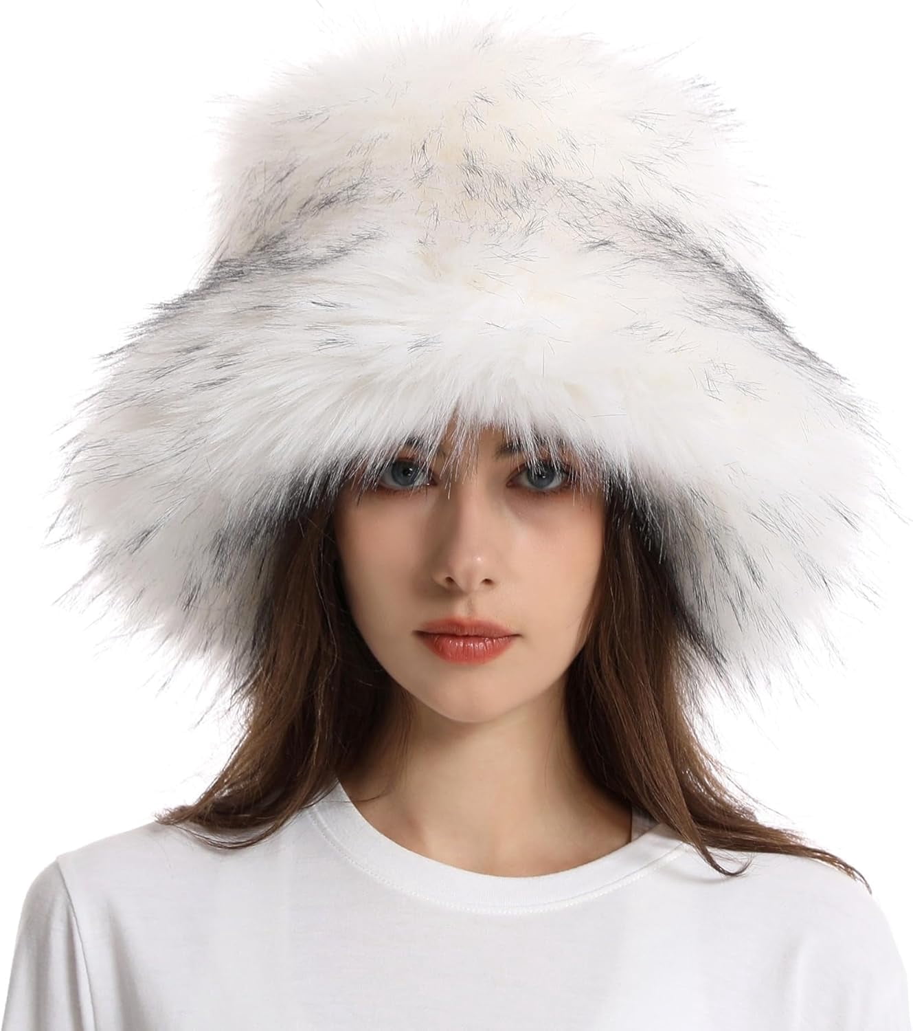 Double2cm Women Fuzzy Bucket Hat Winter Fluffy Furry Plush Faux Fur ...