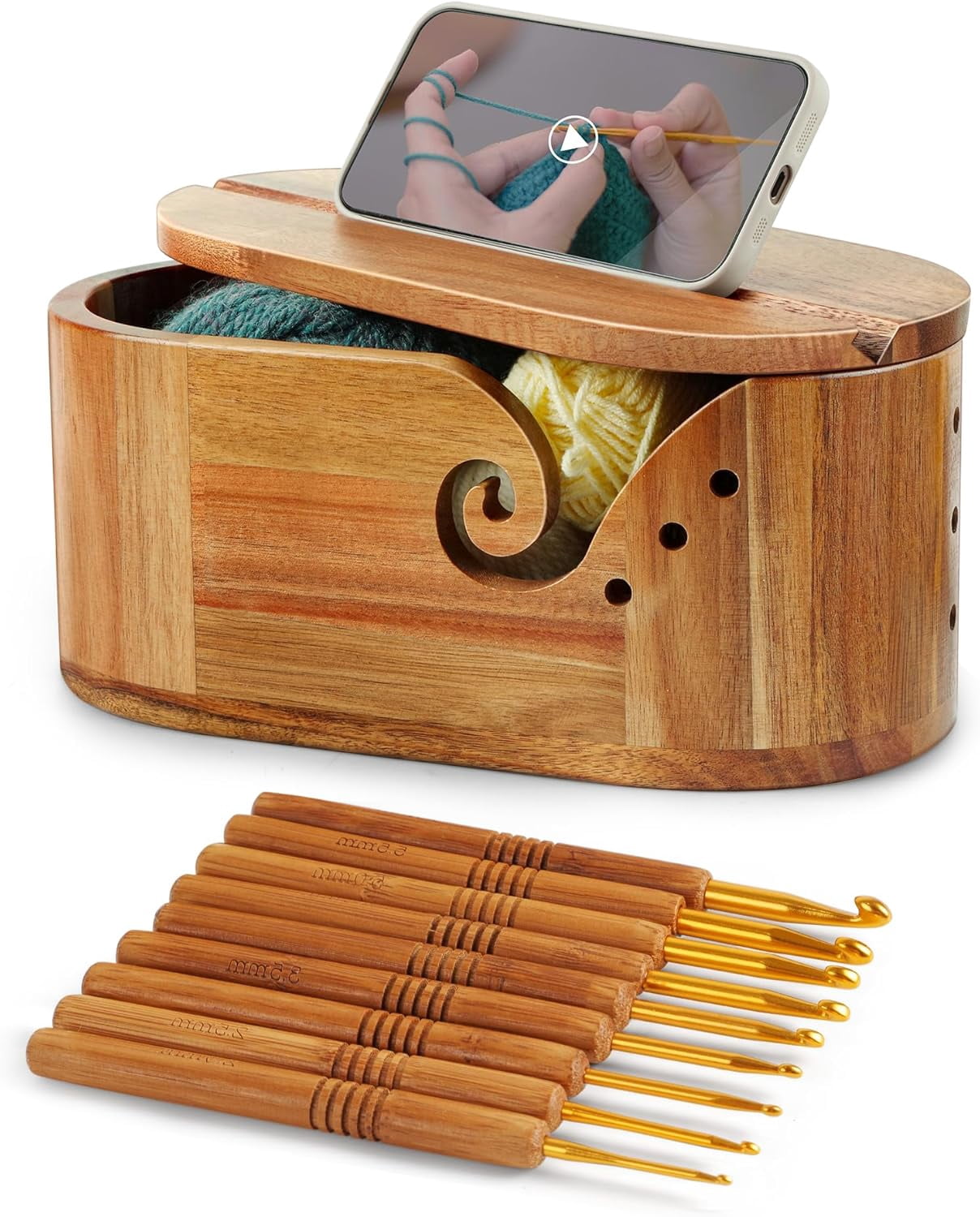 DoubleFill Oval Wooden Yarn Bowls for Knitting, Acacia Crochet Yarn Holder with 9pcs Hooks and Lid Crochet Knitting Storage Bowl for Knitters Gift Craft, 11.2" x 6.1"x 4.8"