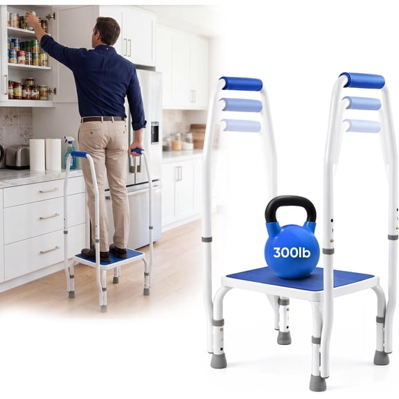DoubleSafe Deluxe Step Stool/Footstool with Dual Handle/Handrail, Height Adjustable. Modern White/Blue Design. Padded Non-Slip Hand Grips
