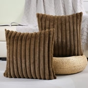DoubleSided Faux Fur Plush Throw Pillow Covers 20x20 Inch Set of 2 Dark Brown Striped Decorative Pillow Cases Soft Luxury Cushion Cases for Couch Sofa Living Room D cor Dark Brown 20" x 20" Pack