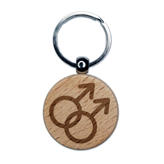 Doubled Male Sign Gay Gender Symbol Round Keychain Charm Tag - Engraved Wood