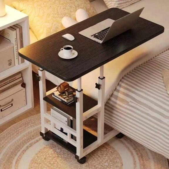 Doublelayer Metal Foldable Desk With Wheels Storage Rack Adjustable Height And Spacious Tabletop Versatile For Studying Working And Relaxing Perfect For Bedrooms Living Rooms & Offices