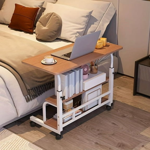 Doublelayer Metal Foldable Desk With Wheels Storage Rack Adjustable Height And Spacious Tabletop Versatile For Studying Working And Relaxing Perfect For Bedrooms Living Rooms And Offices.