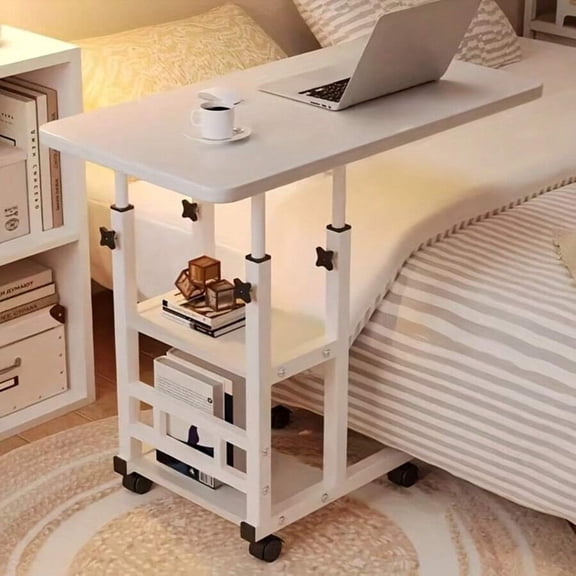 Doublelayer Metal Foldable Desk With Wheels Storage Rack Adjustable Height And Spacious Tabletop Versatile For Studying Working And Relaxing Perfect For Bedrooms Living Rooms & Offices, Bedside Table