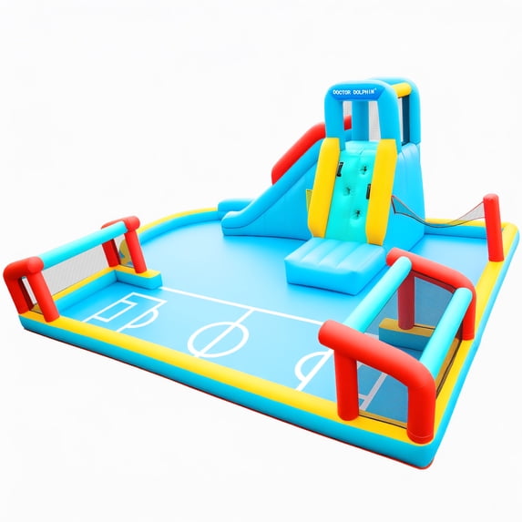 Doubleslee Inflatable Bounce House for Kids, Inflatable Water Slide, Climbing Wall, Jumping Area, Football Goal, Volleyball Net, Indoor & Outdoor, Age 3+