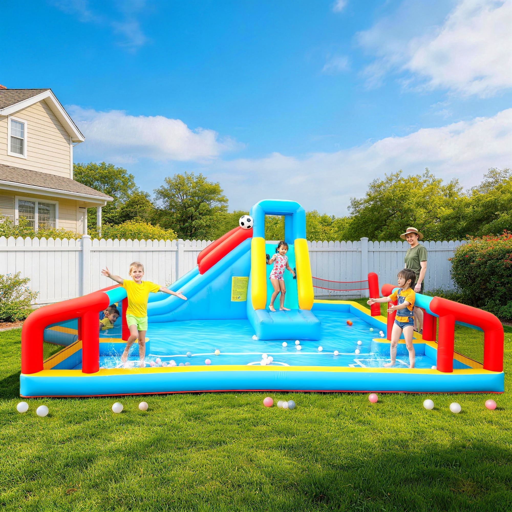 Inflatable Water Slide, Inflatable Bounce House for Kids, Climbing Wall, Jumping Area, Football Goal, Volleyball Net, Indoor & Outdoor, Age 3+