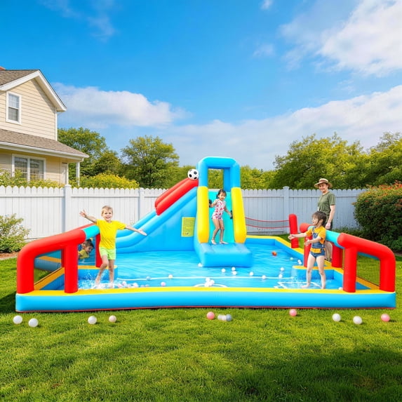 Inflatable Water Slide, Inflatable Bounce House for Kids, Climbing Wall, Jumping Area, Football Goal, Volleyball Net, Indoor & Outdoor, Age 3+