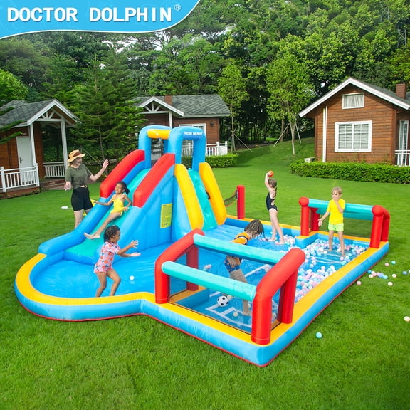 Doubleslee Inflatable Bounce House for Kids, Inflatable Water Slide, Climbing Wall, Jumping Area, Football Goal, Volleyball Net, Indoor & Outdoor, Age 3+