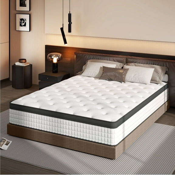 Doubleslee Twin Mattress, 12" Boxed Memory Foam Hybrid Spring with Motion Isolation and Pressure Relief - Black and White