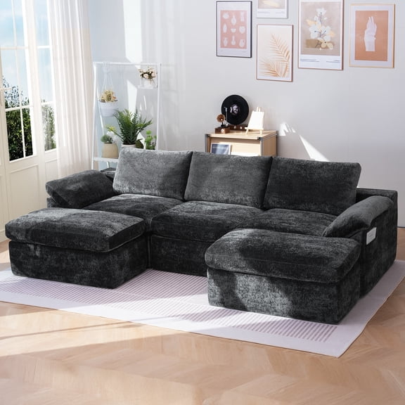 Doubleslee Sectional Sofa, 110 Inch U-Shaped Cloud Boneless Couch, No Assembly Required, One Box, OEKO-TEX, Dark Gray