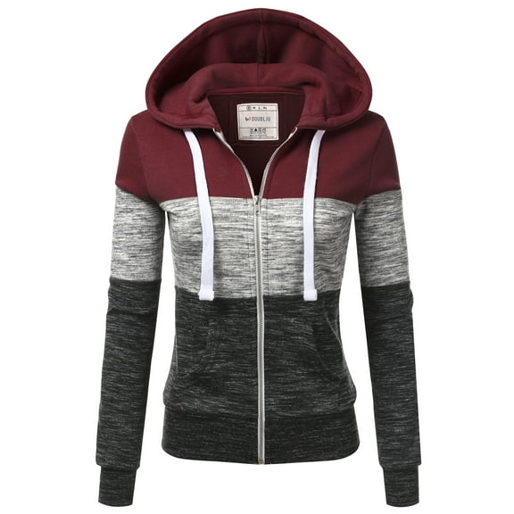 Doublju 3 Color Block Fleece Basic Zip-Up Hoodie Jacket