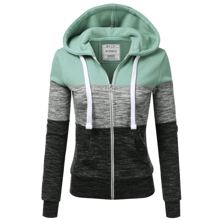 Doublju 3 Color Block Fleece Basic Zip Up Hoodie Jacket