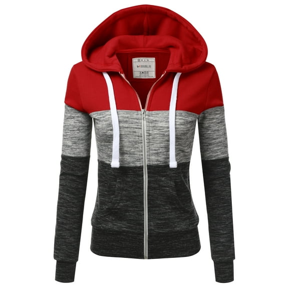 Doublju 3 Color Block Fleece Basic Zip-Up Hoodie Jacket