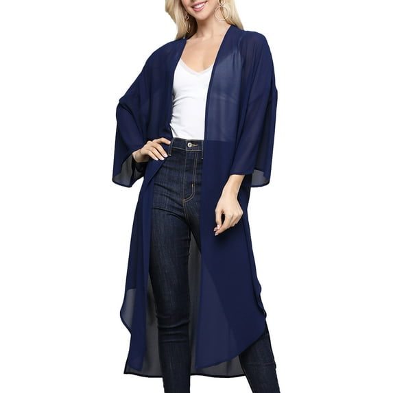 Doublju Women's 3/4 Sleeve Long Chiffon Kimono Cardigan. Plus Size Available.