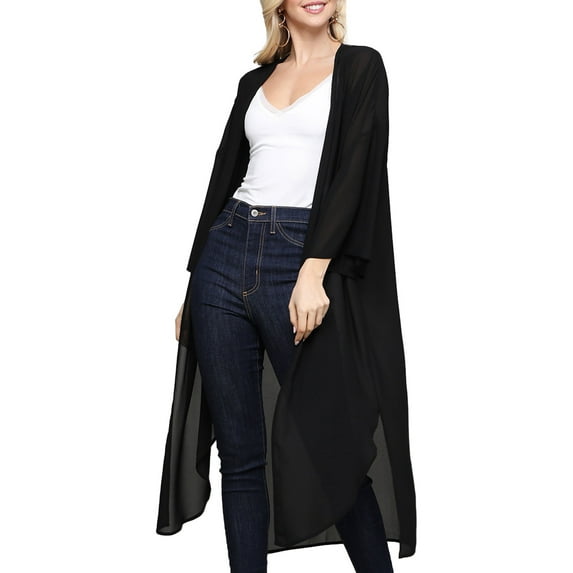 Doublju Women's 3/4 Sleeve Long Chiffon Kimono Cardigan. Plus Size Available.