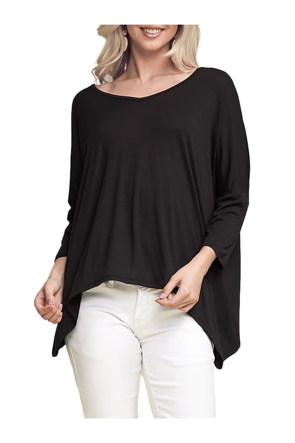 Women's 3/4 Sleeve Shark Bite Hem V-Neck Top with Plus Size