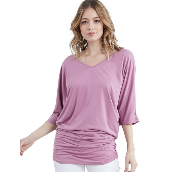 Doublju Women's 3/4 Sleeve Side Shirring V-Neck Mini Dress (Plus Size Available)