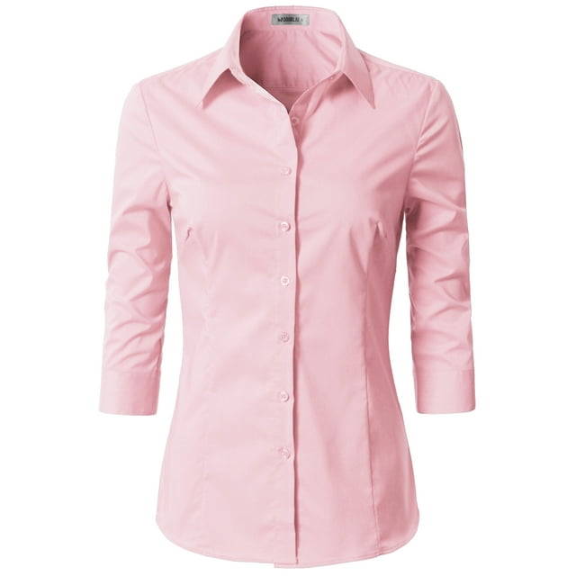 Doublju Women's 3/4 Sleeve Slim Fit Button Down Dress Shirt (Plus Size