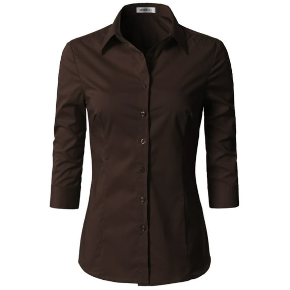 Doublju Women's 3/4 Sleeve Slim Fit Button Down Dress Shirt (Plus Size Available)