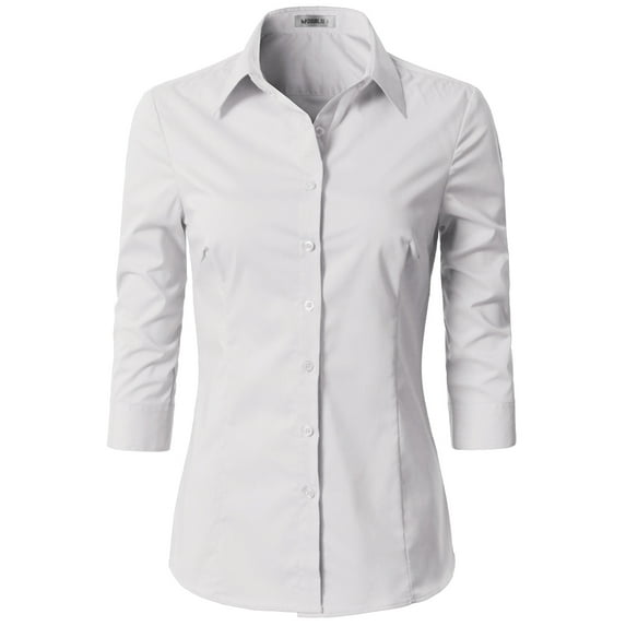 Doublju Women's 3/4 Sleeve Slim Fit Button Down Dress Shirt (Plus Size Available)
