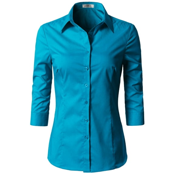 Doublju Women's 3/4 Sleeve Slim Fit Button Down Dress Shirt (Plus Size Available)