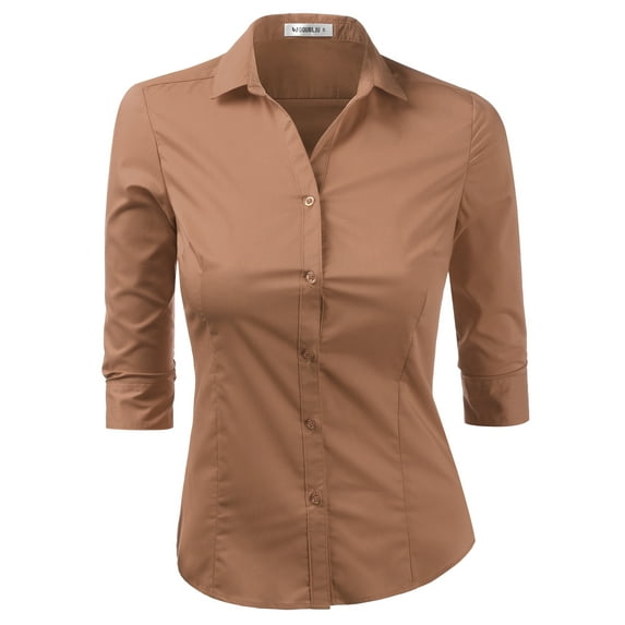 Doublju Women's 3/4 Sleeve Slim Fit Button Down Dress Shirt