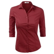 Doublju Women's 3/4 Sleeve Slim Fit Button Down Dress Shirt