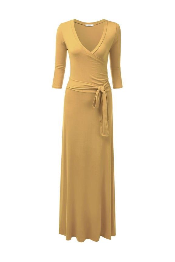 Women's 3/4 Sleeve Wrap Front Maxi Dress with Tie Waist