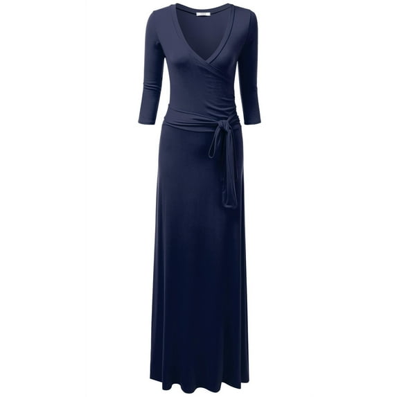 Doublju Women's 3/4 Sleeve Wrap Front Maxi Dress with Tie Waist