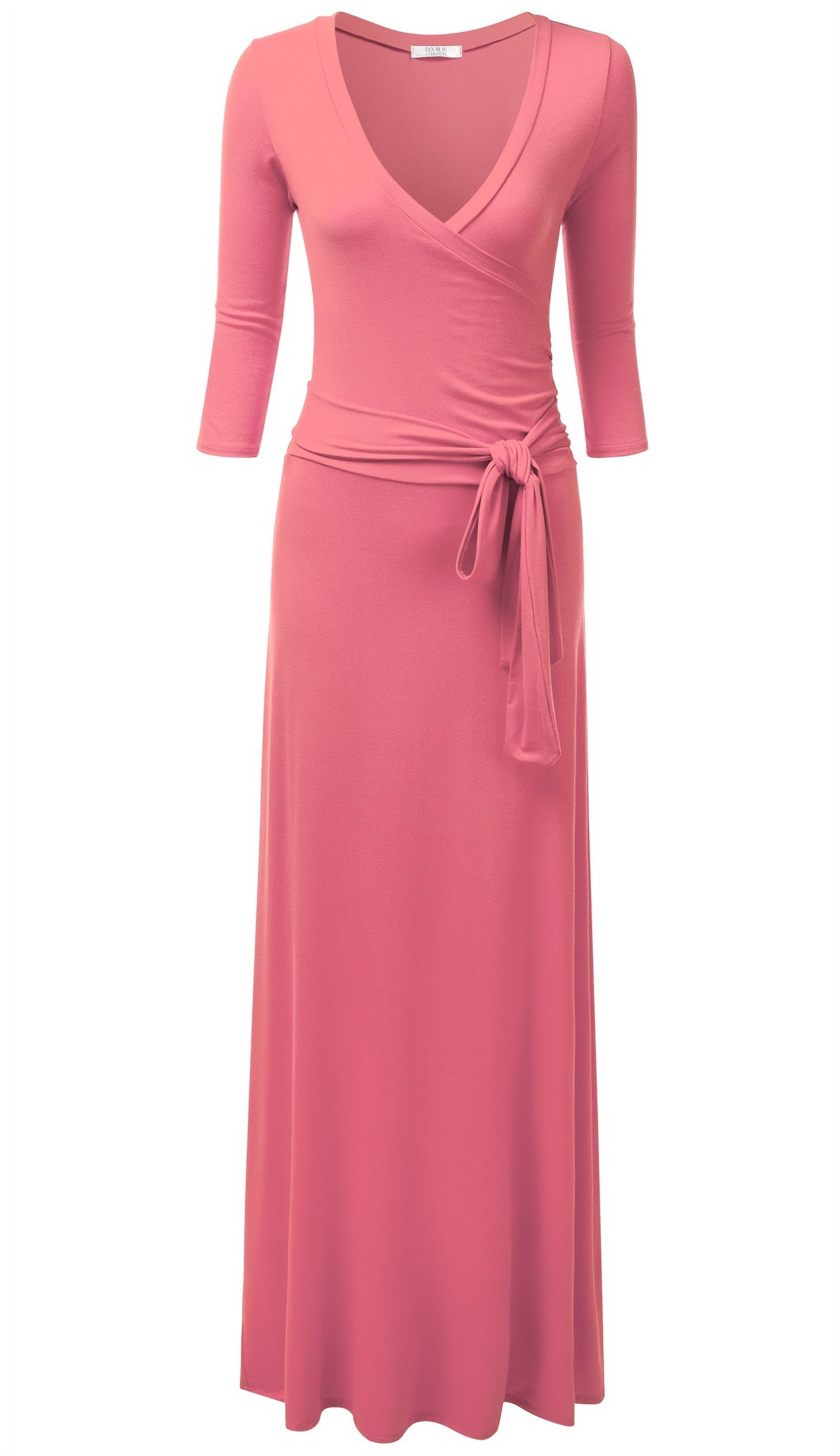 Doublju Women's 3/4 Sleeve Wrap Front Maxi Dress with Tie Waist