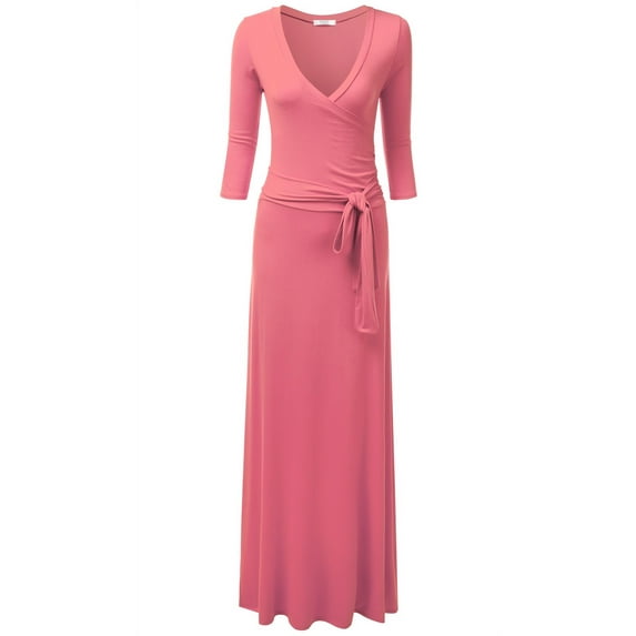 Doublju Women's 3/4 Sleeve Wrap Front Maxi Dress with Tie Waist