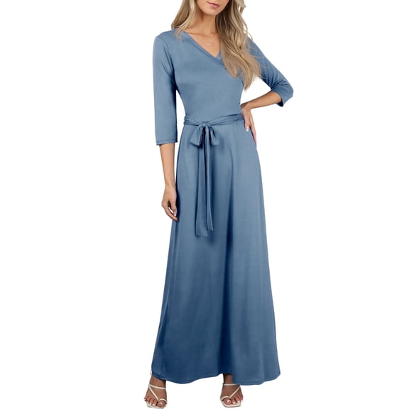 Doublju Women's 3/4 Sleeve Wrap Front Maxi Dress with Tie Waist