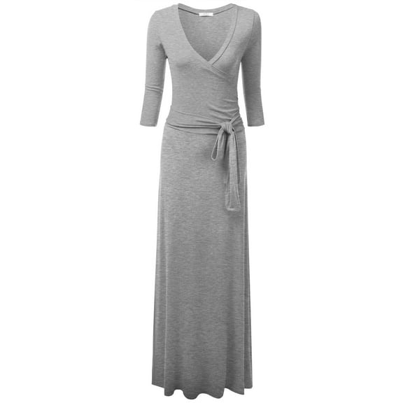 Doublju Women's 3/4 Sleeve Wrap Front Maxi Dress with Tie Waist
