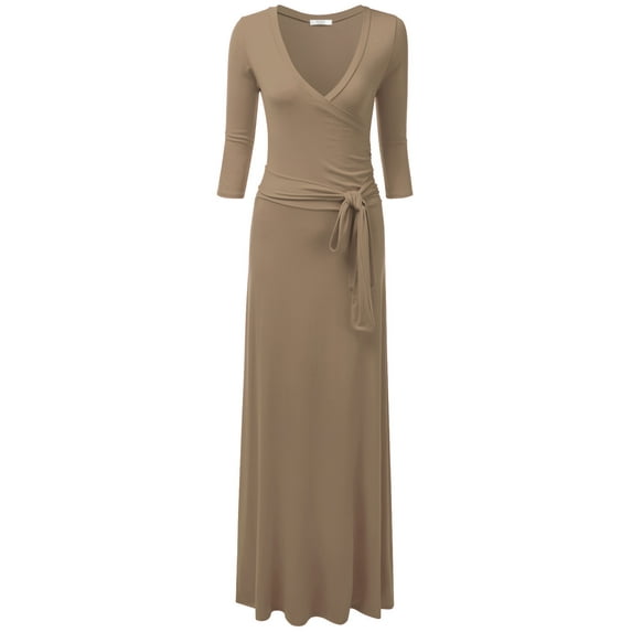 Doublju Women's 3/4 Sleeve Wrap Front Maxi Dress with Tie Waist