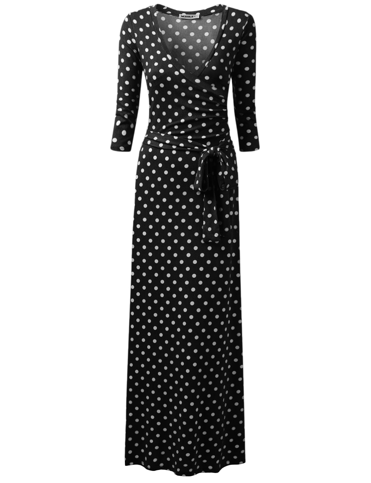 Doublju Women's 3/4 Sleeve Wrap Front Maxi Dress with Tie Waist