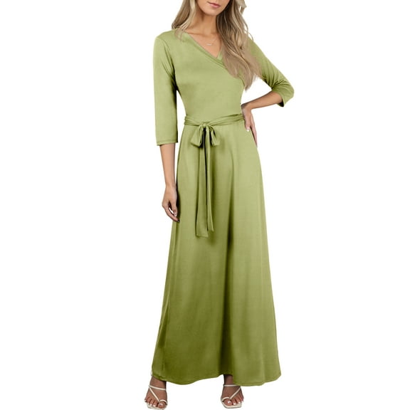 Doublju Women's 3/4 Sleeve Wrap Front Maxi Dress with Tie Waist