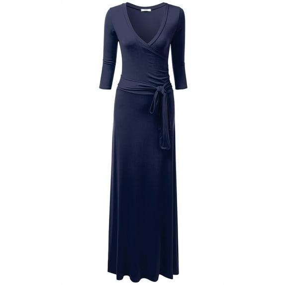 Doublju Women's 3/4 Sleeve Wrap Front Maxi Dress with Tie Waist