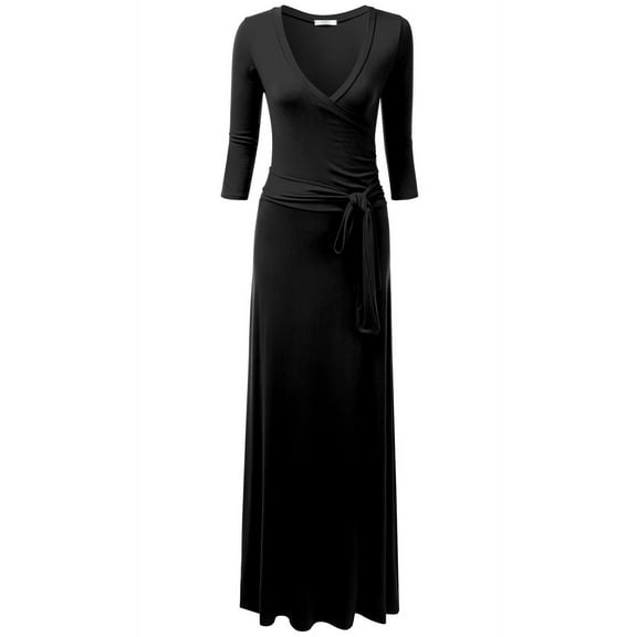 Doublju Women's 3/4 Sleeve Wrap Front Maxi Dress with Tie Waist