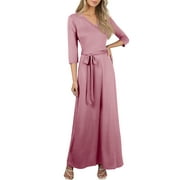 Doublju Women's 3/4 Sleeve Wrap Front Maxi Dress with Tie Waist