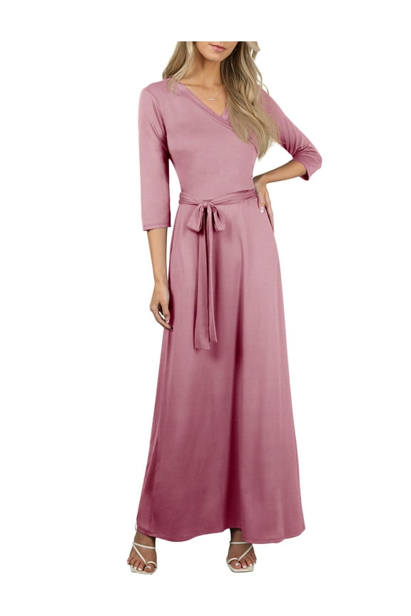Women's 3/4 Sleeve Wrap Front Maxi Dress with Tie Waist