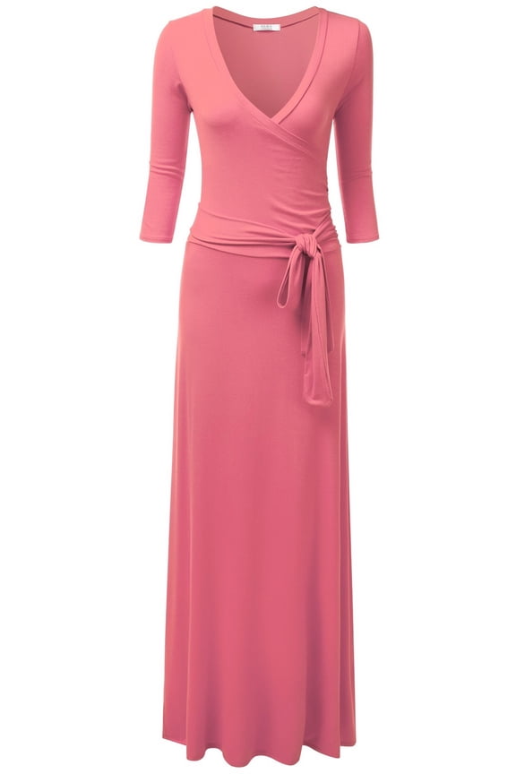 Women's 3/4 Sleeve Wrap Front Maxi Dress with Tie Waist