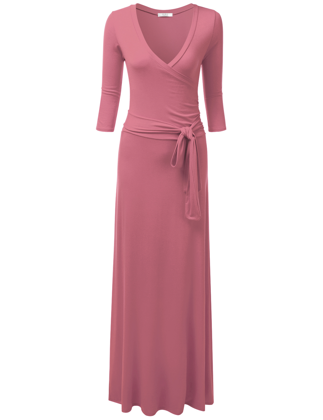 Doublju Women's 3/4 Sleeve Wrap Front Maxi Dress with Tie Waist