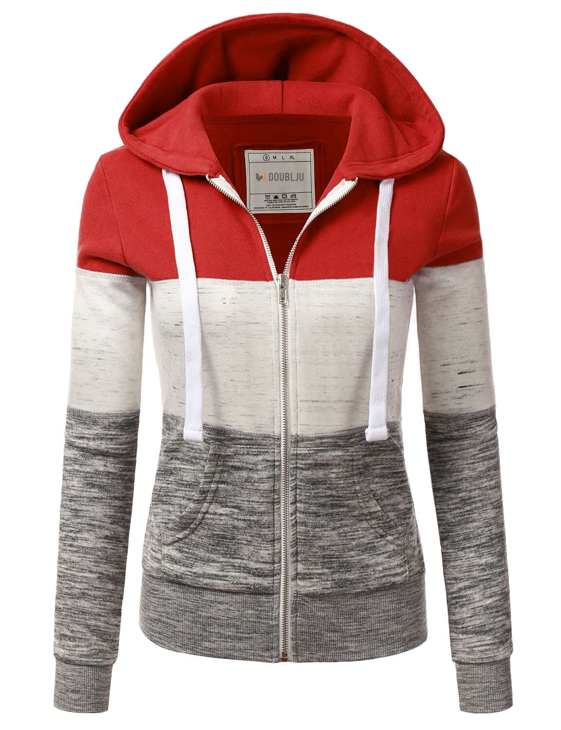 Doublju Women's 3 Color Block Pocket Zip-Up Hoodie Jacket for Women ...