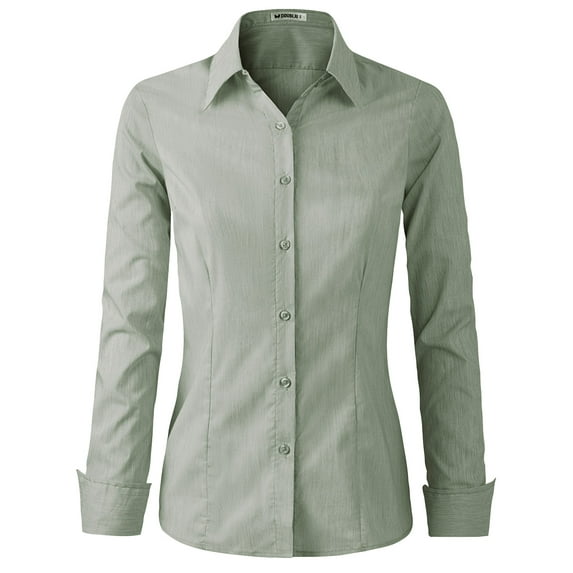 Doublju Women's Basic Long Sleeve Cotton Button Down Collared Shirt