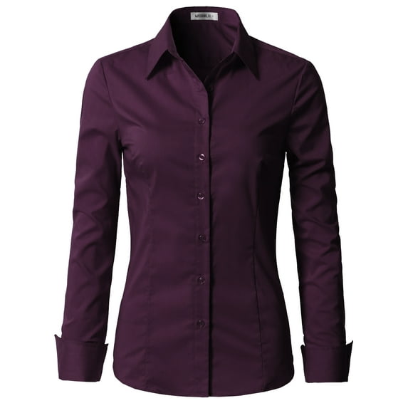 Doublju Women's Basic Long Sleeve Cotton Button Down Collared Shirt