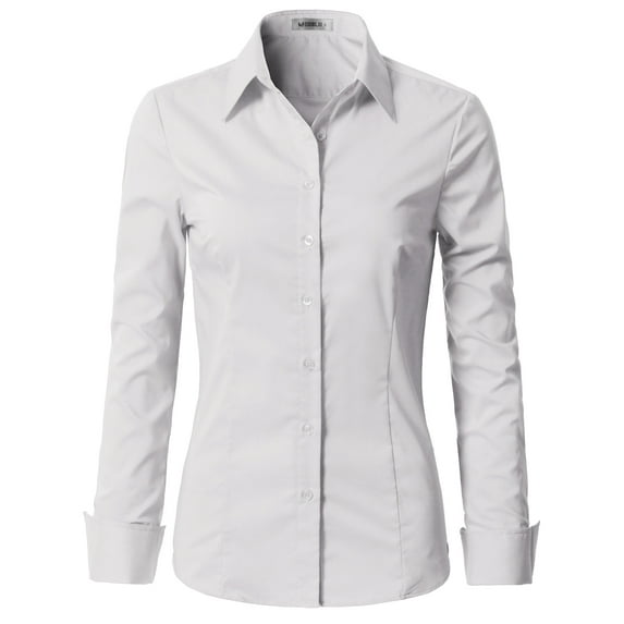 Doublju Women's Basic Long Sleeve Cotton Button Down Collared Shirt